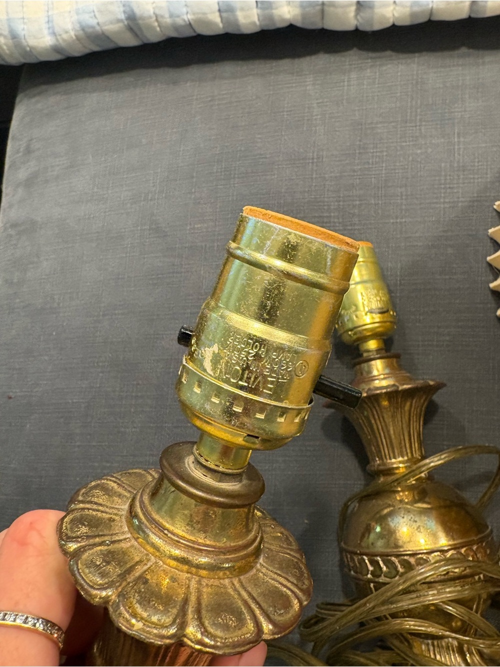 Vintage Brass Table Lamps with Pleated Cream Shades (Pair) - Picture 6 of 7